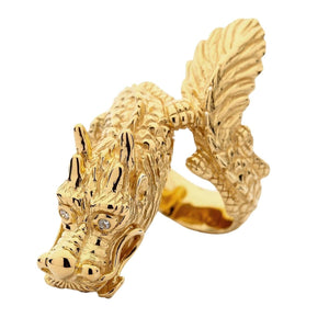 Solid 14k gold dragon ring with diamond eyes — full body profile
