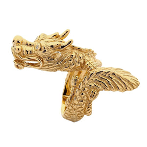 Solid 14k gold dragon ring with diamond eyes — three quarter view