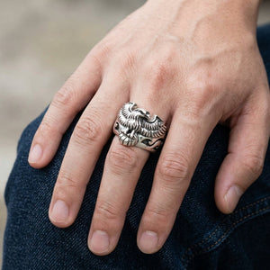 Spread Wing Eagle Sterling Silver Ring, worn on hand