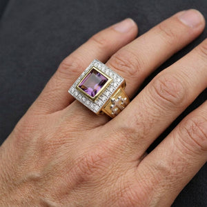 Square Amethyst Gold-Plated Silver Bishop Ring, worn on an adult model