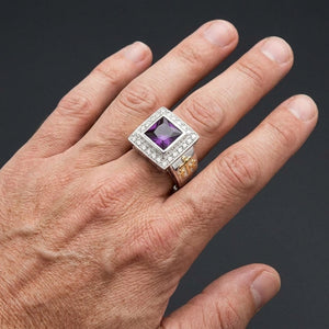 Square Amethyst Silver Bishop Ring with Gold Crosses, worn on an adult model