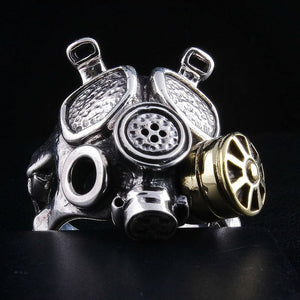Anillo de máscara de gas steampunk en plata de ley: primer plano del respirador