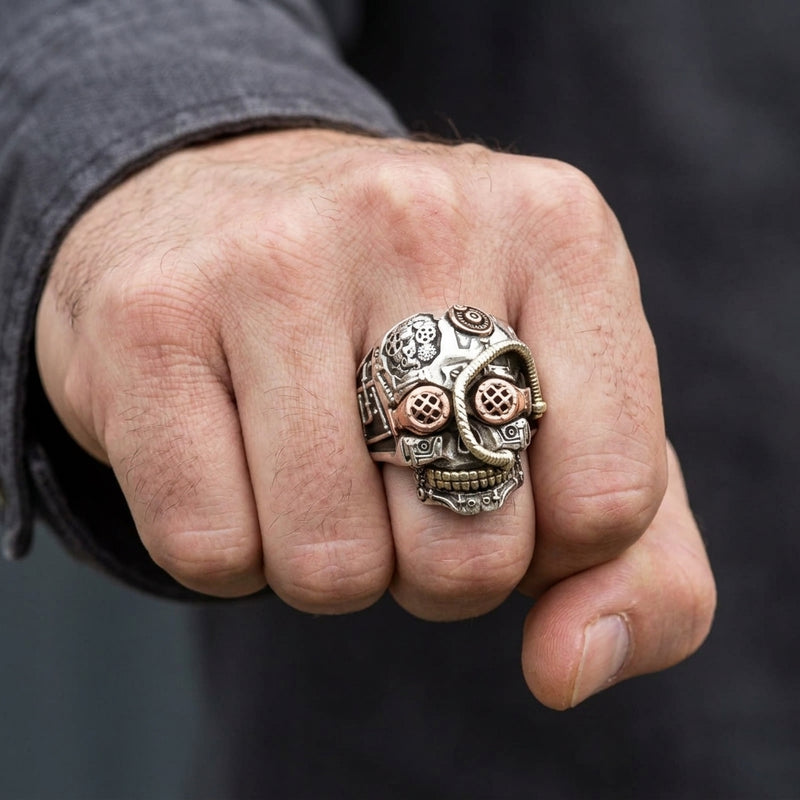 Tri-Metall-Steampunk-Totenkopfring aus Sterlingsilber