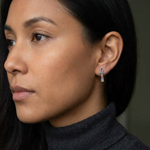 Ankh Sterling Silver Stud Earrings worn by model