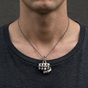 Biker Fist Sterling Silver Pendant worn by model
