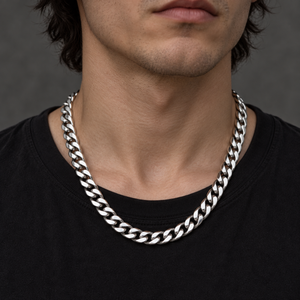 10 mm Sterling Silver Cuban Link Necklace, shown in use at realistic scale