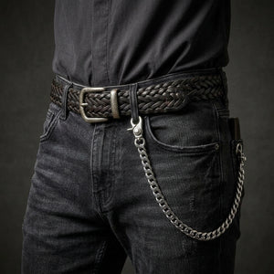 Sterling silver curb wallet chain worn with a dark shirt, clipped from a jeans belt loop to a wallet