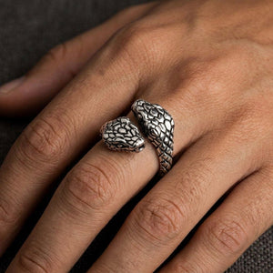 Double Snake Head Adjustable Sterling Silver Ring worn on hand