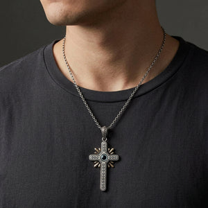 Evil Eye Cross Sterling Silver Pendant worn by model