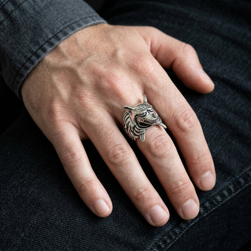 Anello volpe kitsune ringhiante in argento sterling .925