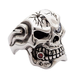 Sterling silver mafia skull ring with garnet and clear cz — cz eye detail