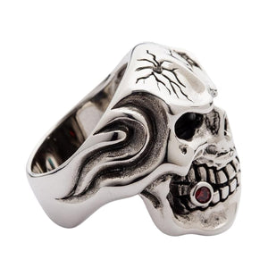 Sterling silver mafia skull ring with garnet and clear cz — rear band view