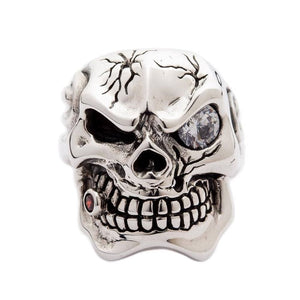 Sterling silver mafia skull ring with garnet and clear cz — three quarter view