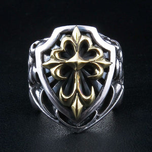 Sterling silver medieval shield ring with a gold-plated cross — front view
