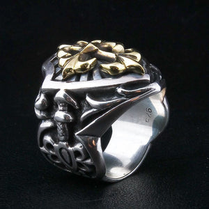 Sterling silver medieval shield ring with a gold-plated cross — hallmark view