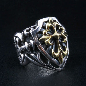 Sterling silver medieval shield ring with a gold-plated cross — left profile