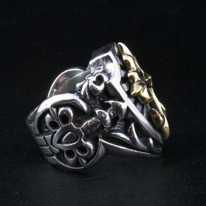 Sterling silver medieval shield ring with a gold-plated cross — right profile
