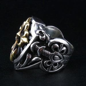 Sterling silver medieval shield ring with a gold-plated cross — side scrollwork detail