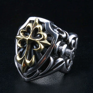 Sterling silver medieval shield ring with a gold-plated cross — three quarter view