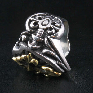 Sterling silver medieval shield ring with a gold-plated cross — top view