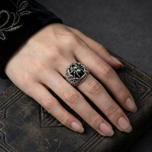 Black Stone Spider Sterling Silver Ring worn on hand