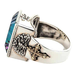 Sterling Silver Mystic Quartz Heraldic Ring — fleur de lis side profile