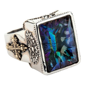 Sterling Silver Mystic Quartz Heraldic Ring — front three quarter stone