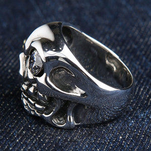 Sterling Silver Pirate Skull CZ Ring — eye patch side profile