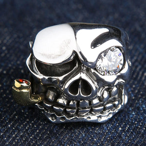 Sterling Silver Pirate Skull CZ Ring — front skull face