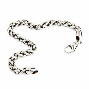 Bracciale Spiga aperto curvato per mostrare le maglie intrecciate, il terminale e la chiusura a moschettone.