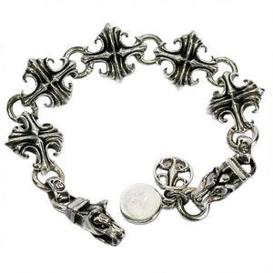 Sterling silver wolf and gothic cross link bracelet — cross link detail