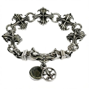 Sterling silver wolf and gothic cross link bracelet — full bracelet view