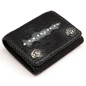 Black Stingray Cross Trifold with Silver Flame Snaps showing the closed cross wallet on a white background.