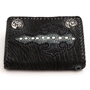 Black Stingray Cross Trifold with Silver Flame Snaps showing the closed front and metal grommet along the edge.