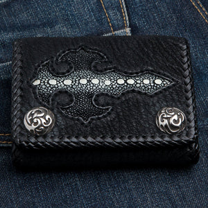 Black Stingray Cross Trifold with Silver Flame Snaps showing the black cross panel and flame snaps lying flat.