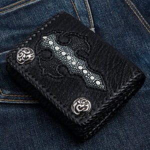 Black Stingray Cross Trifold with Silver Flame Snaps showing the cross inlay and braided edge from the opposite side.