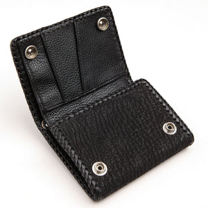 Black Stingray Cross Trifold with Silver Flame Snaps showing the front flap opened to show the snap backs.