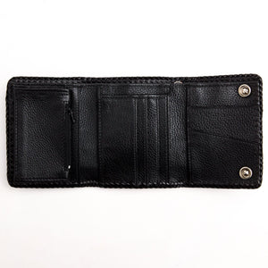 Black Stingray Cross Trifold with Silver Flame Snaps showing the black interior opened to show cards and zip storage.