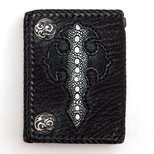 Black Stingray Cross Trifold with Silver Flame Snaps showing the cross inlay and flame snaps displayed upright.