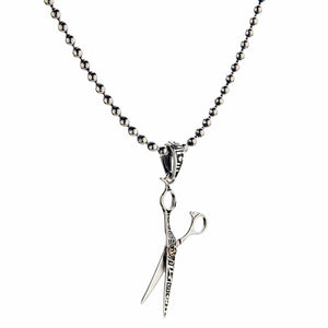 Engraved Scissors Sterling Silver Pendant shown in angled shears on chain view.