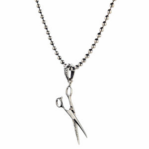 Engraved Scissors Sterling Silver Pendant shown in reverse shears on chain view.