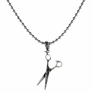 Engraved Scissors Sterling Silver Pendant shown in scissors front on chain view.
