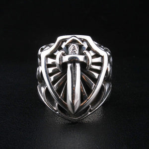 Sword and Shield Sterling Silver Ring, sword shield front view