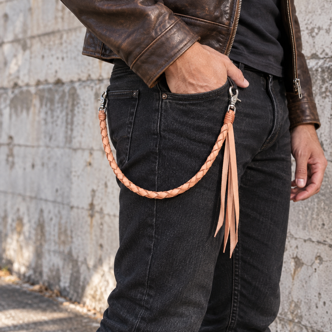 Lichtbruine gevlochten rundleren portemonneeketting vastgeklikt aan een zwarte jeans met natuurlijk hangende kwastjes