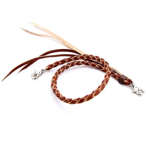 Tan Braided Leather Wallet Chain with Tassels, coiled on white