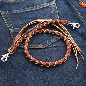 Tan Braided Leather Wallet Chain with Tassels, front loop denim