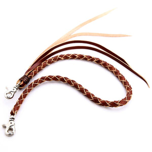 Tan Braided Leather Wallet Chain with Tassels, oval on white