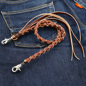 Tan Braided Leather Wallet Chain with Tassels, round on denim