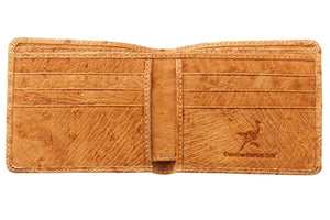 Tan Full-Quill Ostrich Leather Bifold Wallet showing the plain cowhide interior with facing card rows.