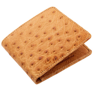 Tan Full-Quill Ostrich Leather Bifold Wallet showing the tan quill front above the opened fold on white.